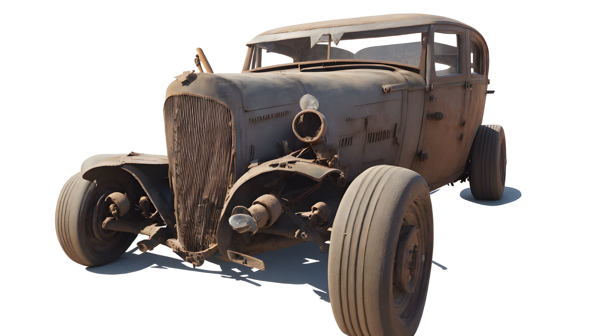 Weathered vintage car with missing parts on white background