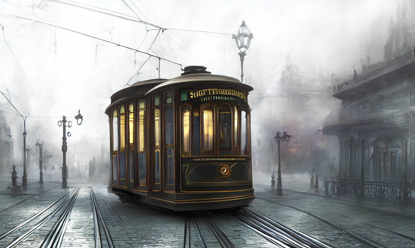 Vintage Tram on Misty Cobblestone Street with Streetlights and Old Buildings