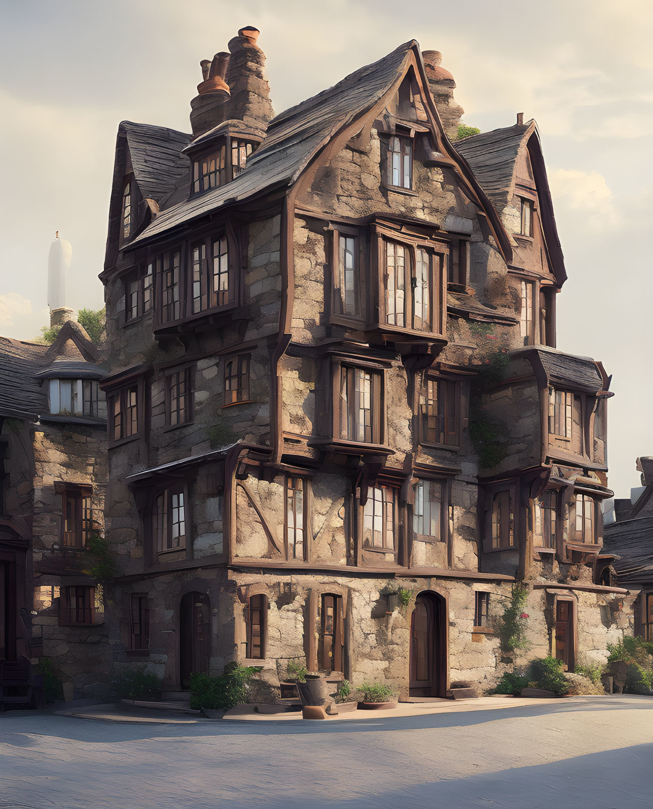 Narrow Tudor-style house with bay windows and intricate chimney on cobblestone street.