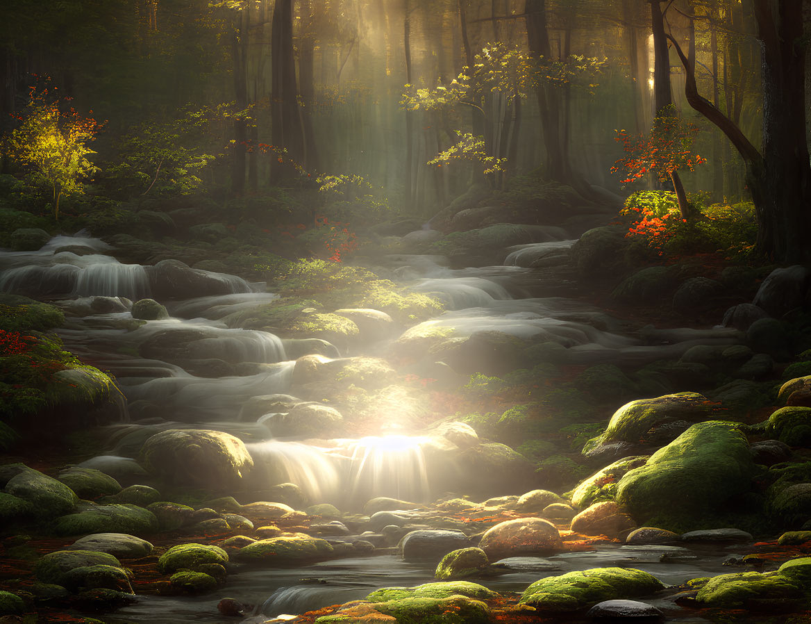 Misty forest scene with sunbeams, moss-covered rocks, stream, and autumn foliage