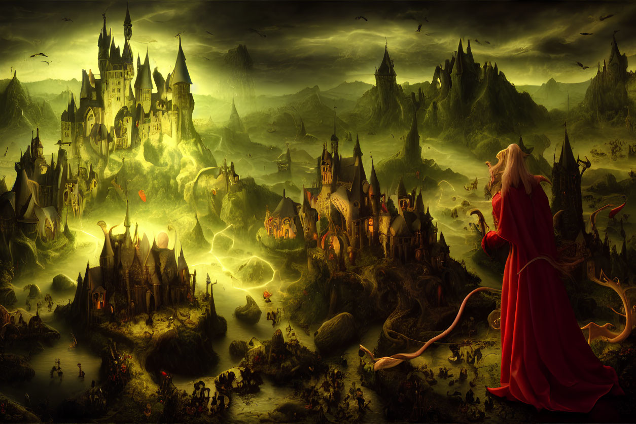 Person in red cloak gazes at fantasy landscape with castles, dragons, and ominous sky