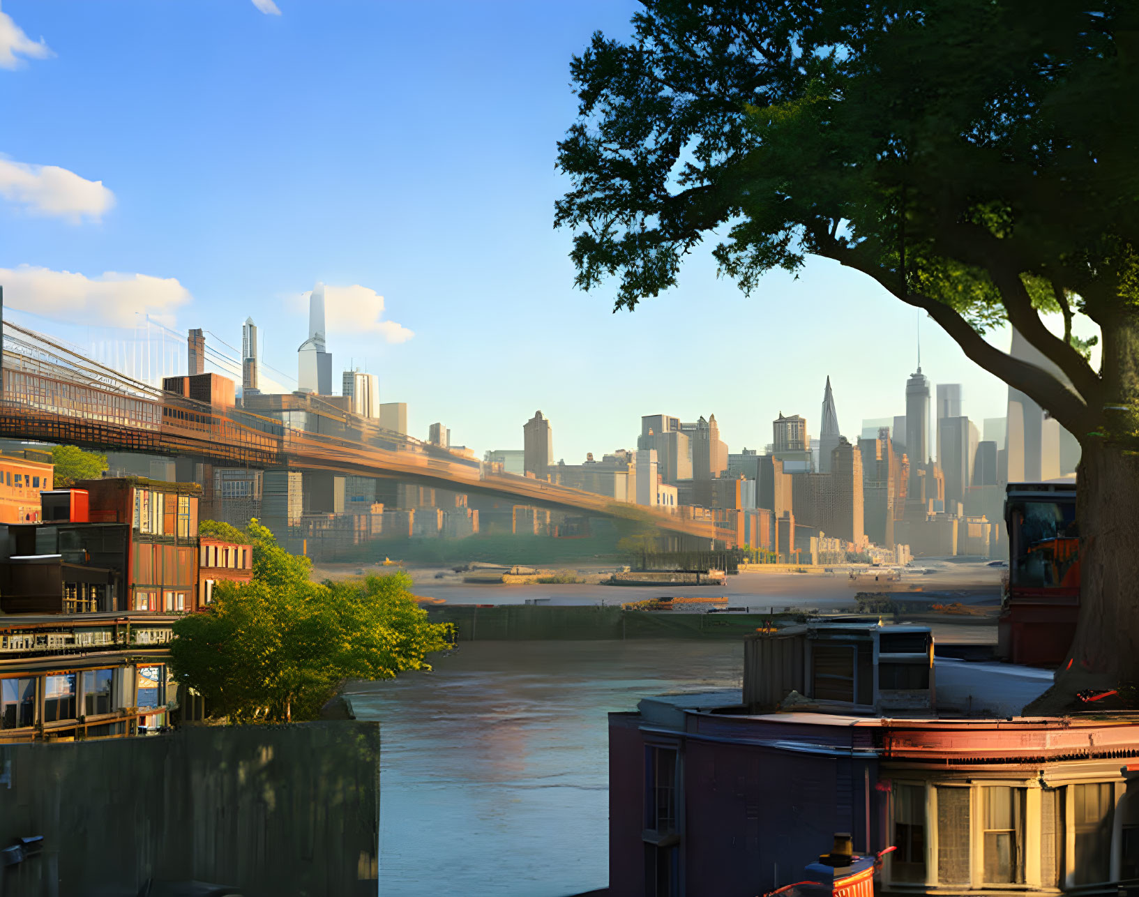 Cityscape with Bridge, River, Trees, and Buildings under Clear Blue Sky