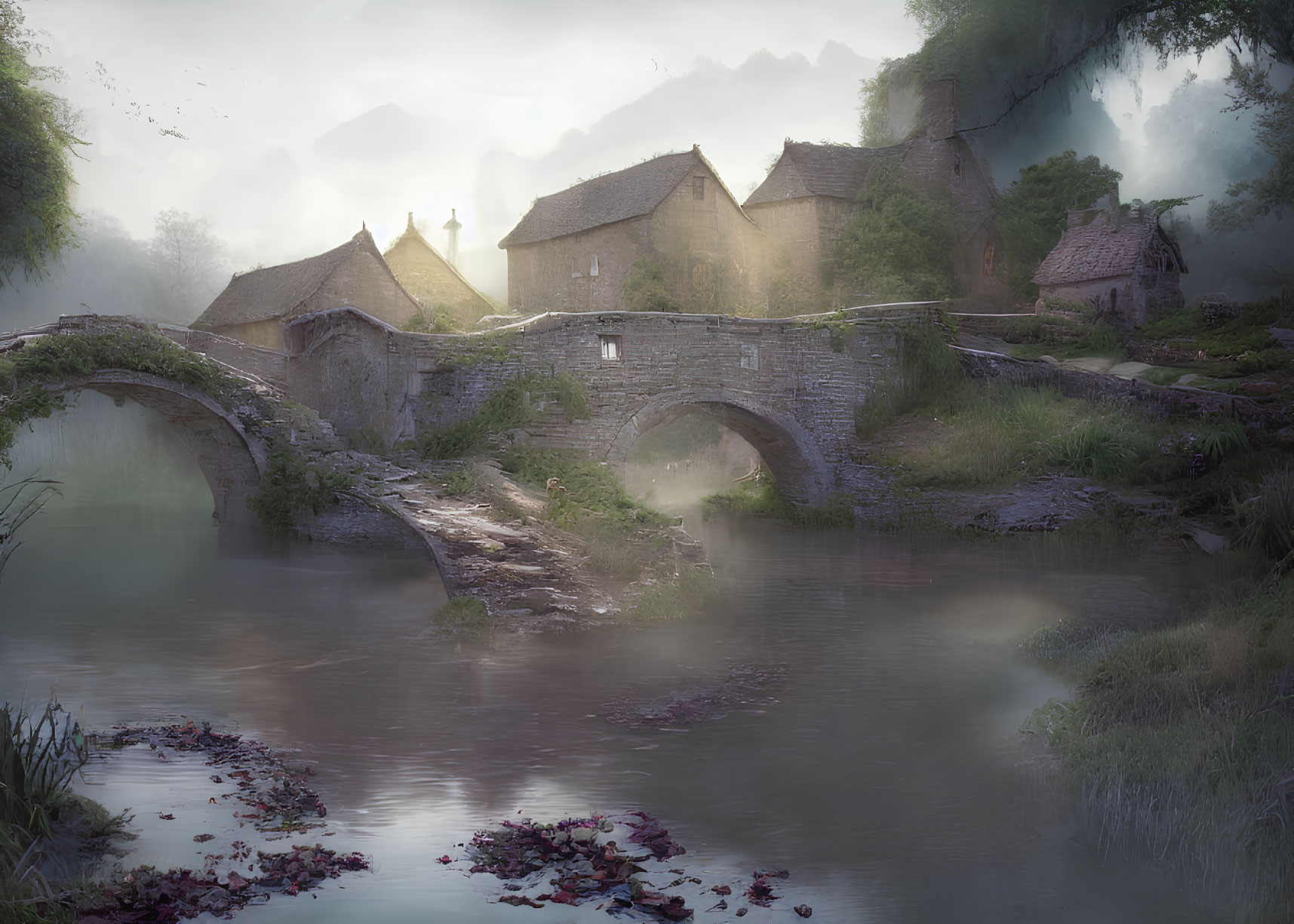 Tranquil misty landscape with old stone bridge and traditional cottages