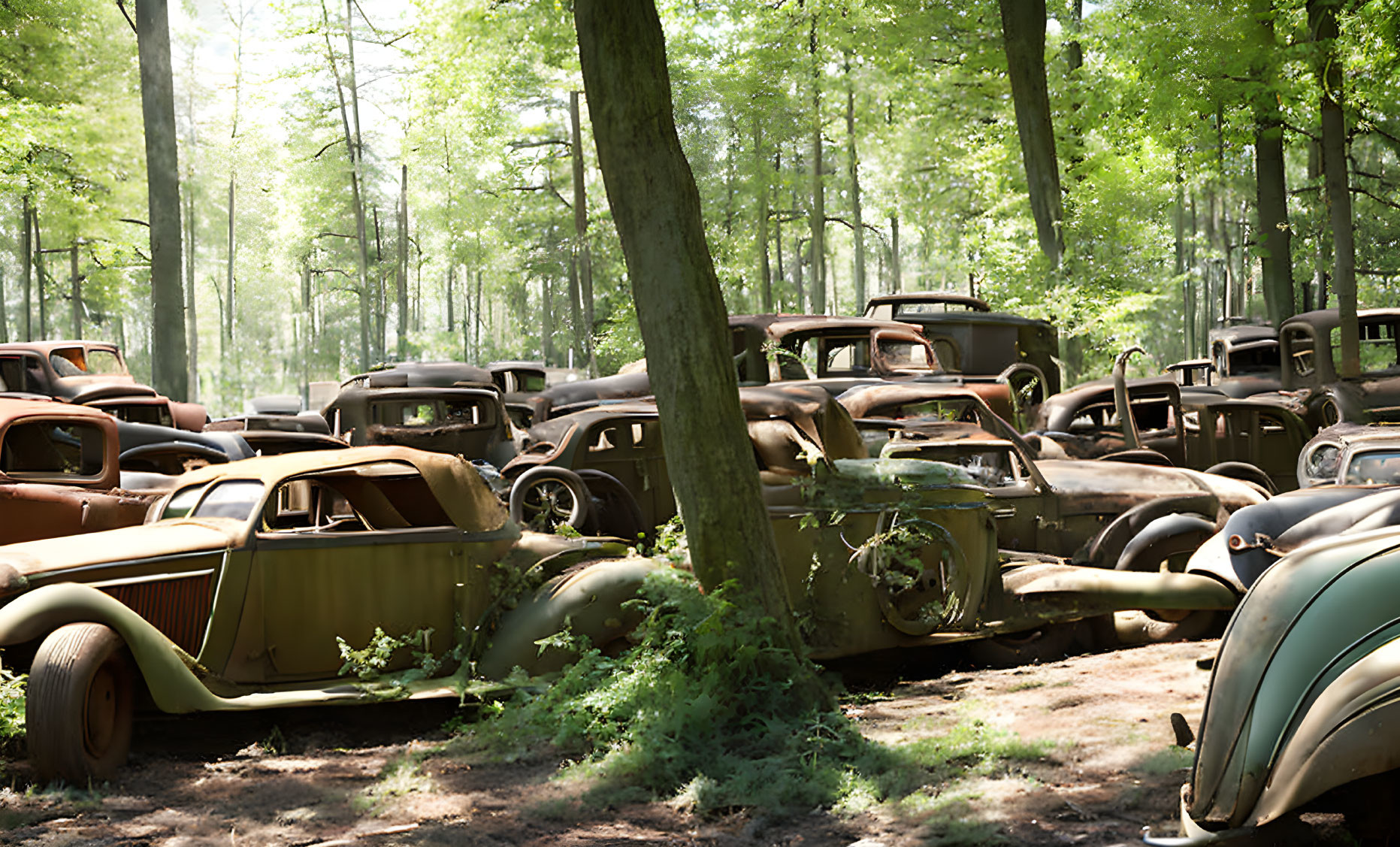 Abandoned vintage cars in forest with trees and sunlight.