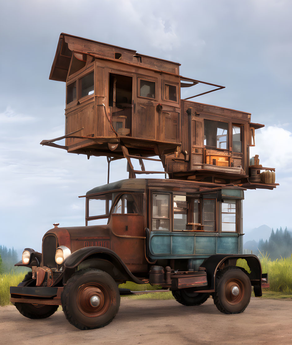 Vintage truck with wooden house structure on top in misty background