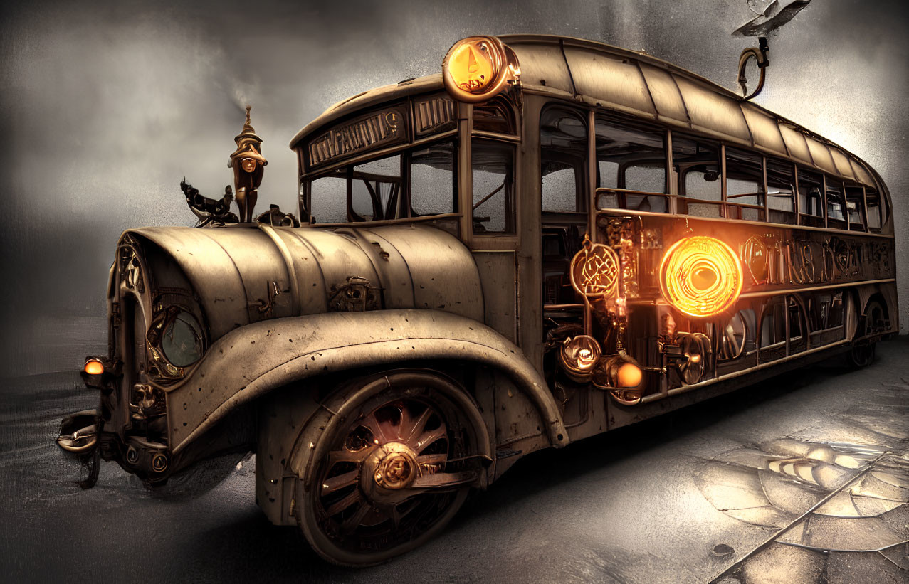 Vintage-Style Steam-Powered Bus with Brass Details and Glowing Lights on Cobblestone Surface