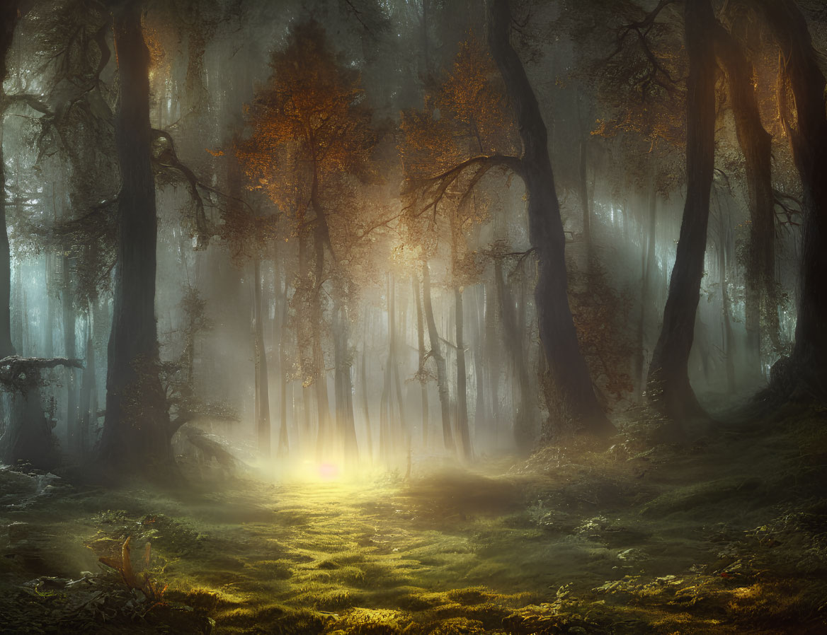 Misty Enchanted Forest with Sunlight and Moss-Covered Ground