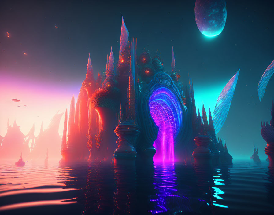 Fantasy alien landscape with towering spires and glowing archways