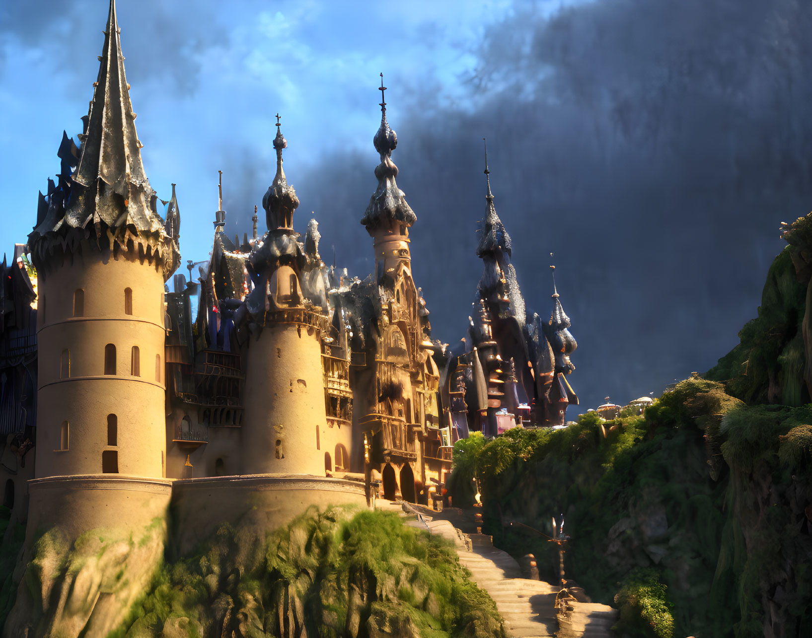 Majestic fantasy castle with spires on green hill under soft sunlight