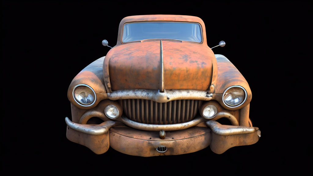 Vintage Rusty Car with Smiling Face-Like Front on Black Background