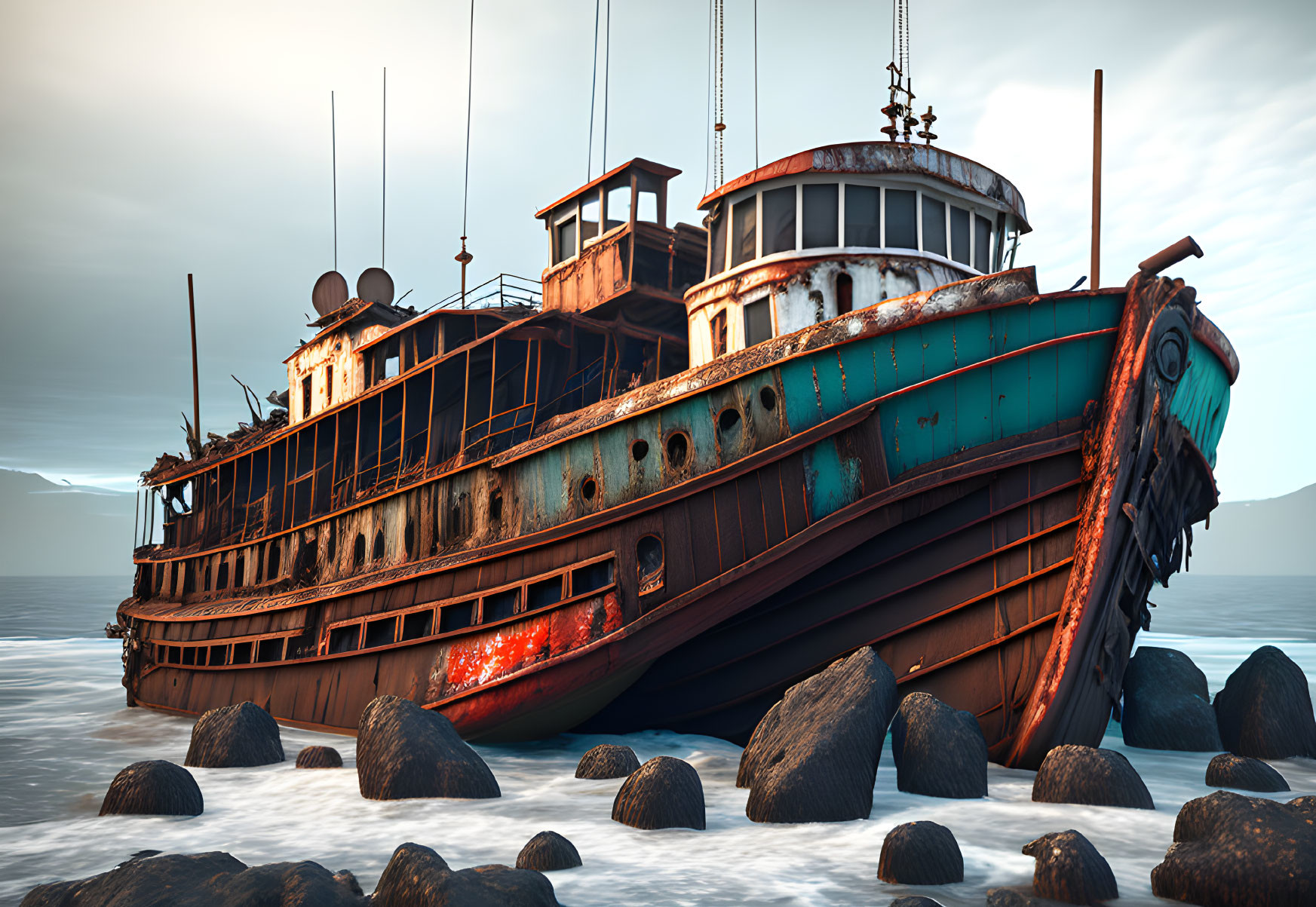 Abandoned shipwreck on rocky beach with crashing waves under cloudy sky