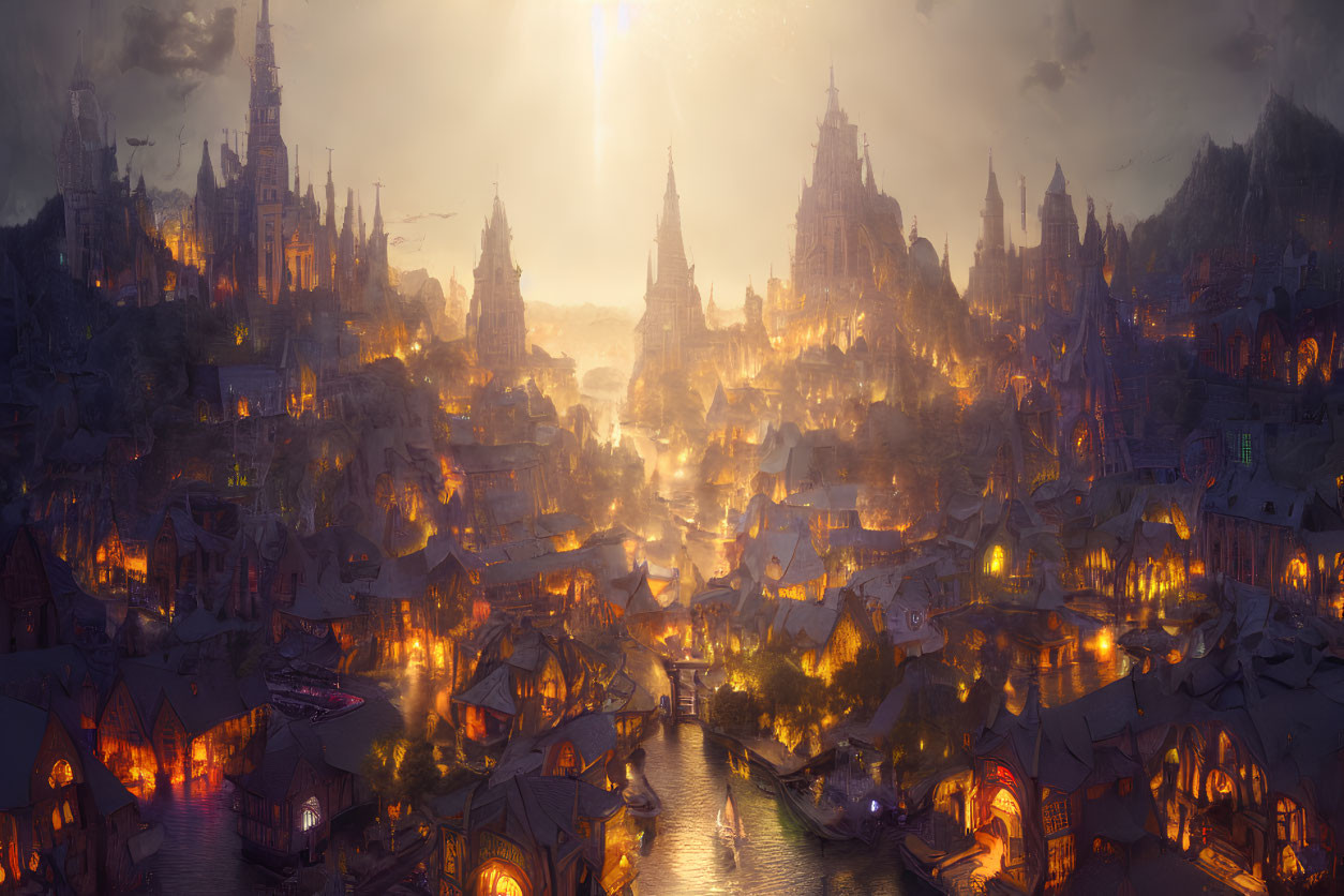 Fantasy cityscape with castles, river, and mystical light at dusk