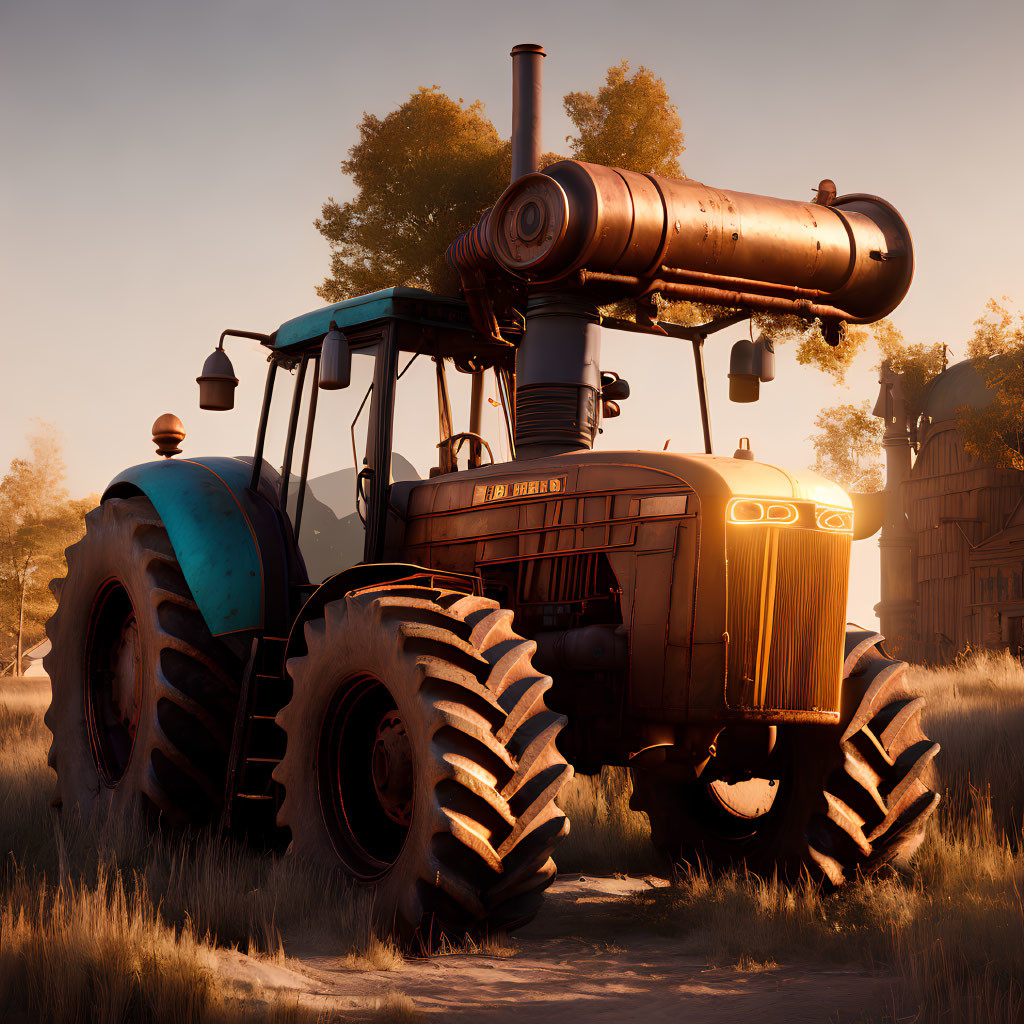 Rusty tractor with large tires in field with barn at golden hour