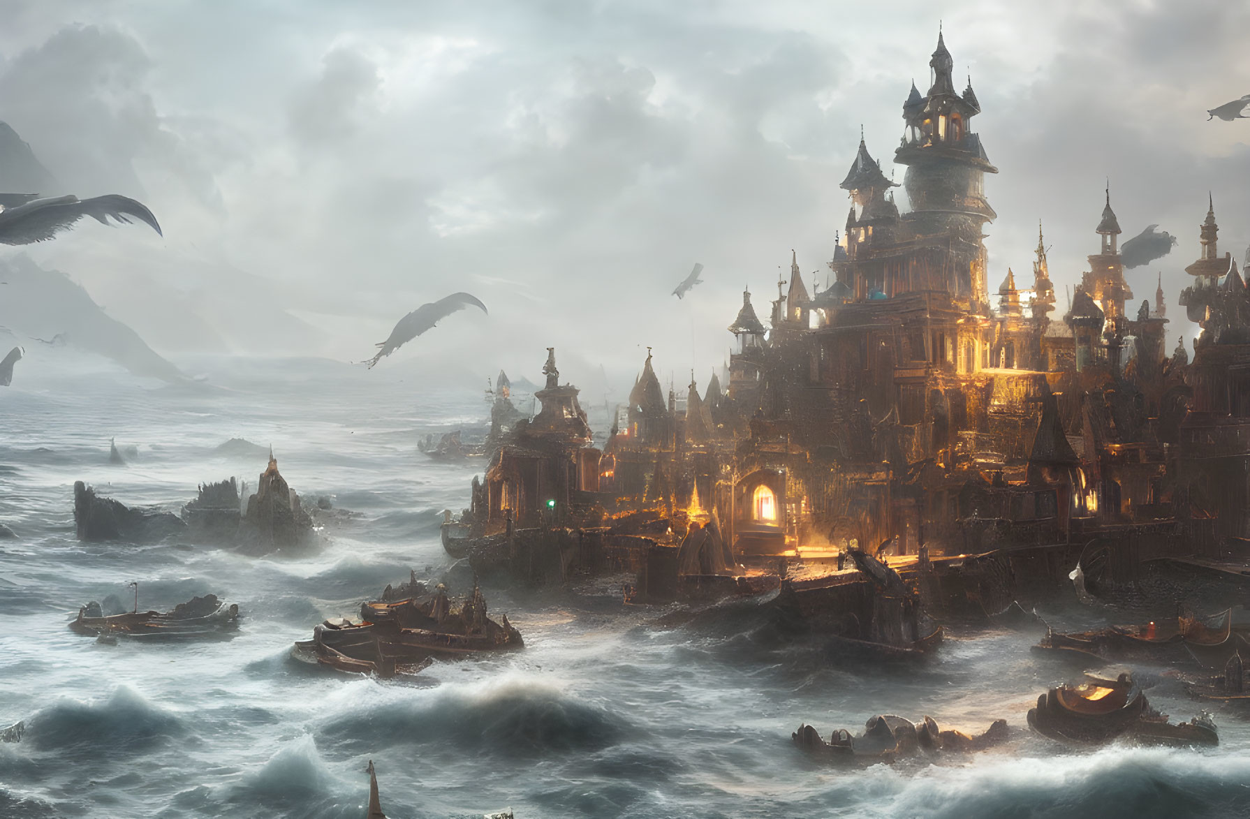 Fantasy artwork of castle on cliffs amid ocean waves & dramatic sky