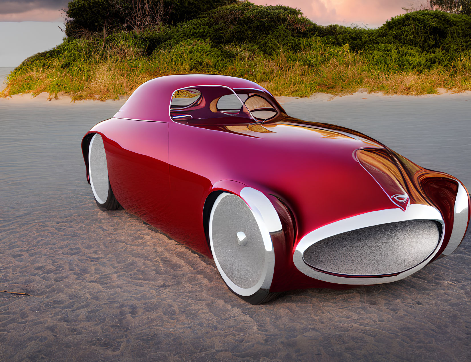 Futuristic red car with circular white doors on sandy beach at dusk