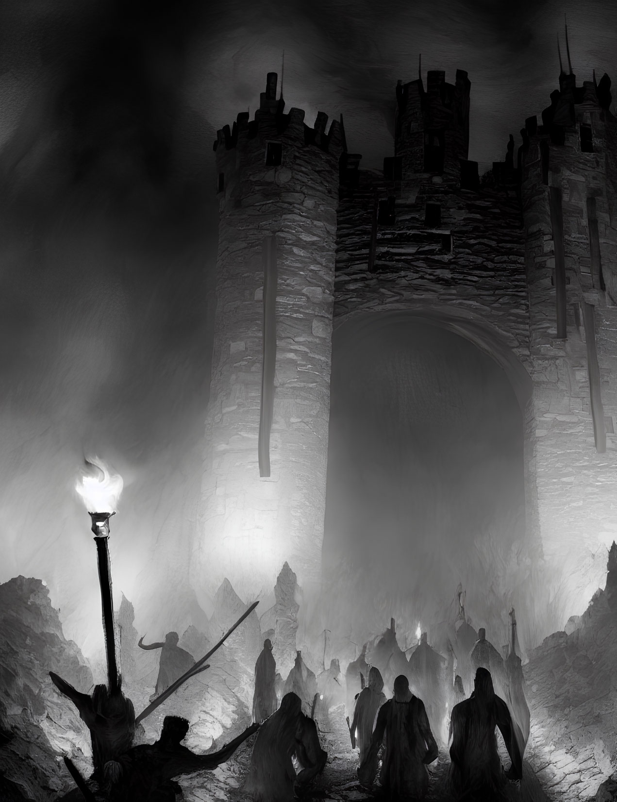 Monochrome image of foreboding castle gate at night with silhouettes and flaming torch