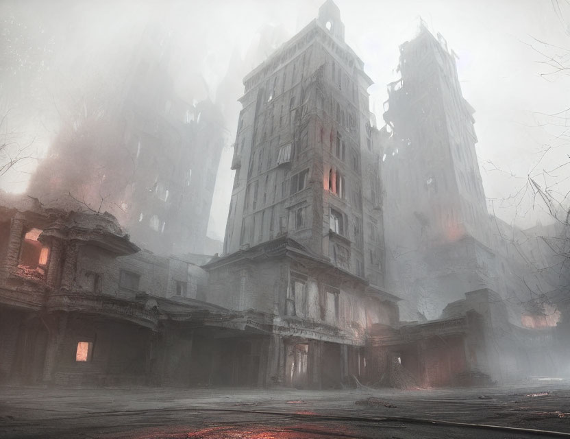 Dystopian cityscape with fog and dilapidated buildings