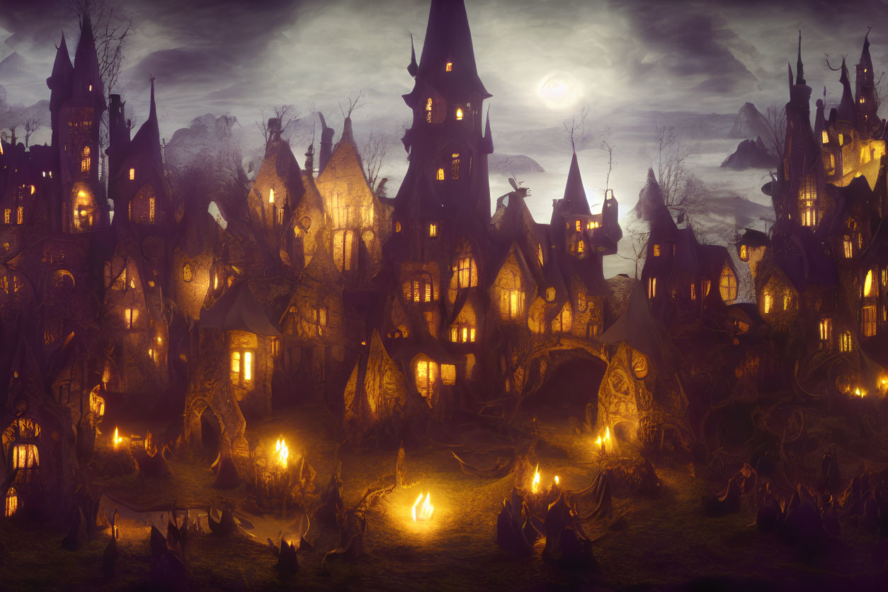 Fantasy Gothic-style landscape at night with full moon and illuminated buildings