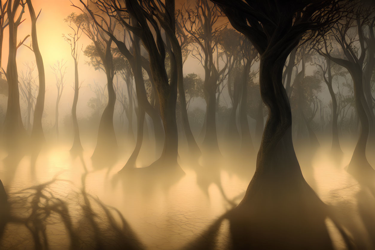 Silhouetted Twisted Trees Reflecting in Tranquil Sunset Forest