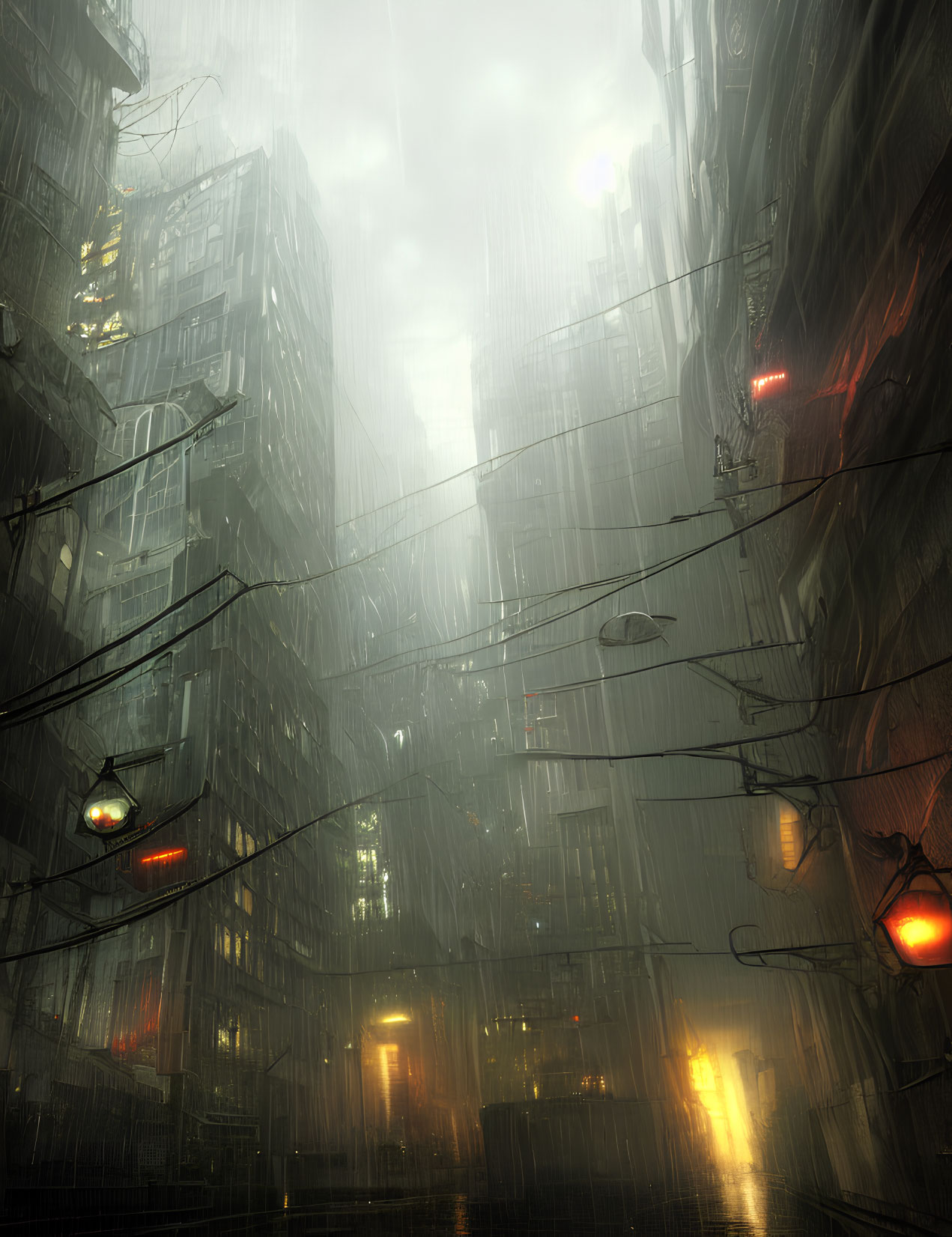 Foggy cyberpunk cityscape with neon lights and rain