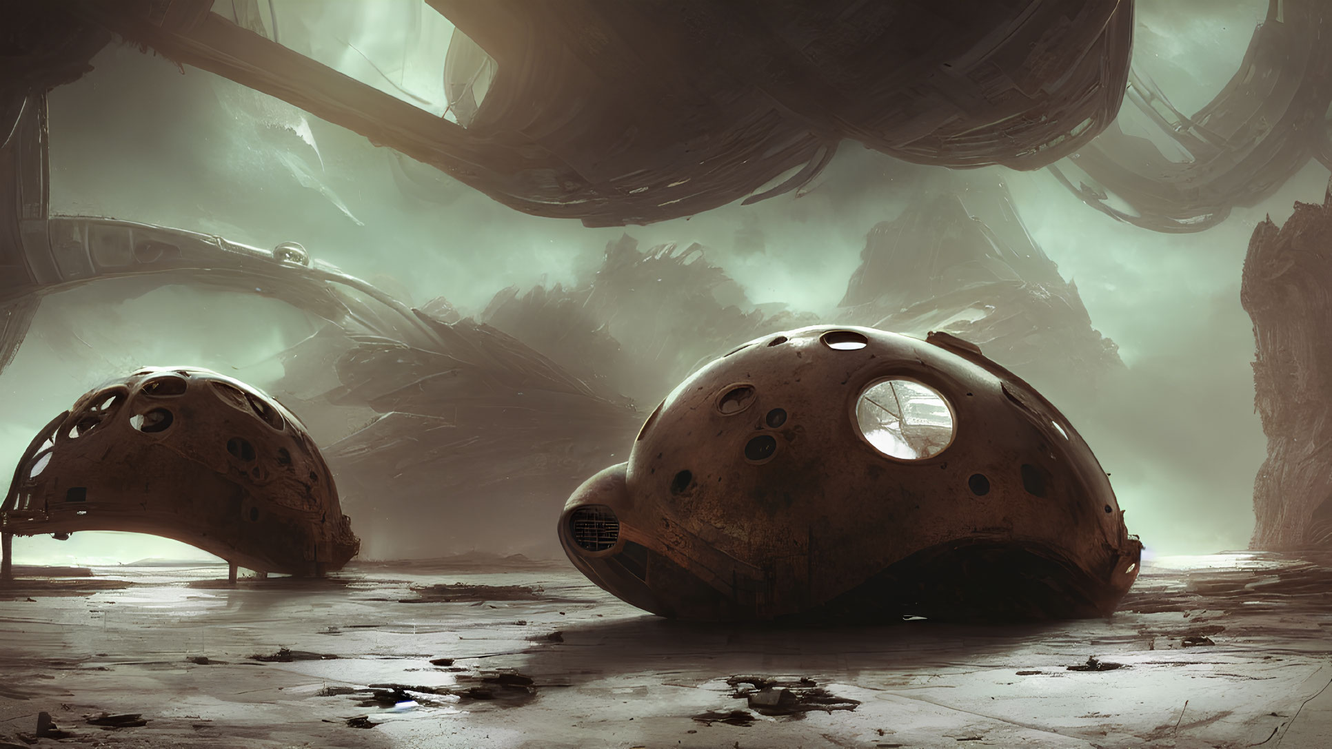 Abandoned futuristic landscape with colossal structures and scattered spherical pods in a desolate, green-tinted