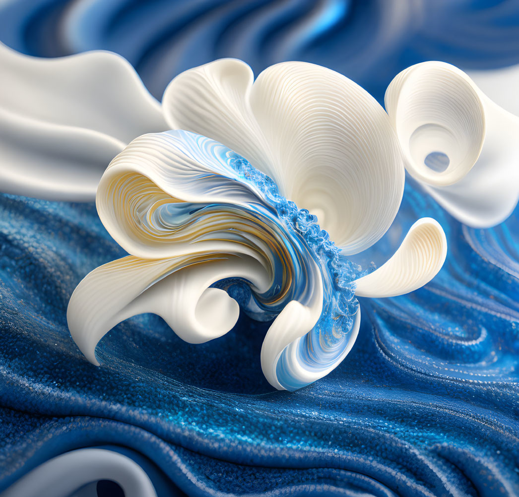 Fluid white structure with gold accents on blue background.