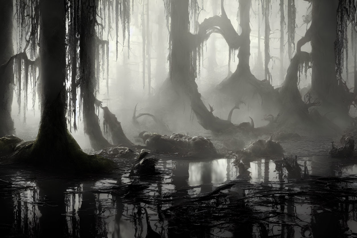 Misty swamp with gnarled trees and fog-shrouded forest