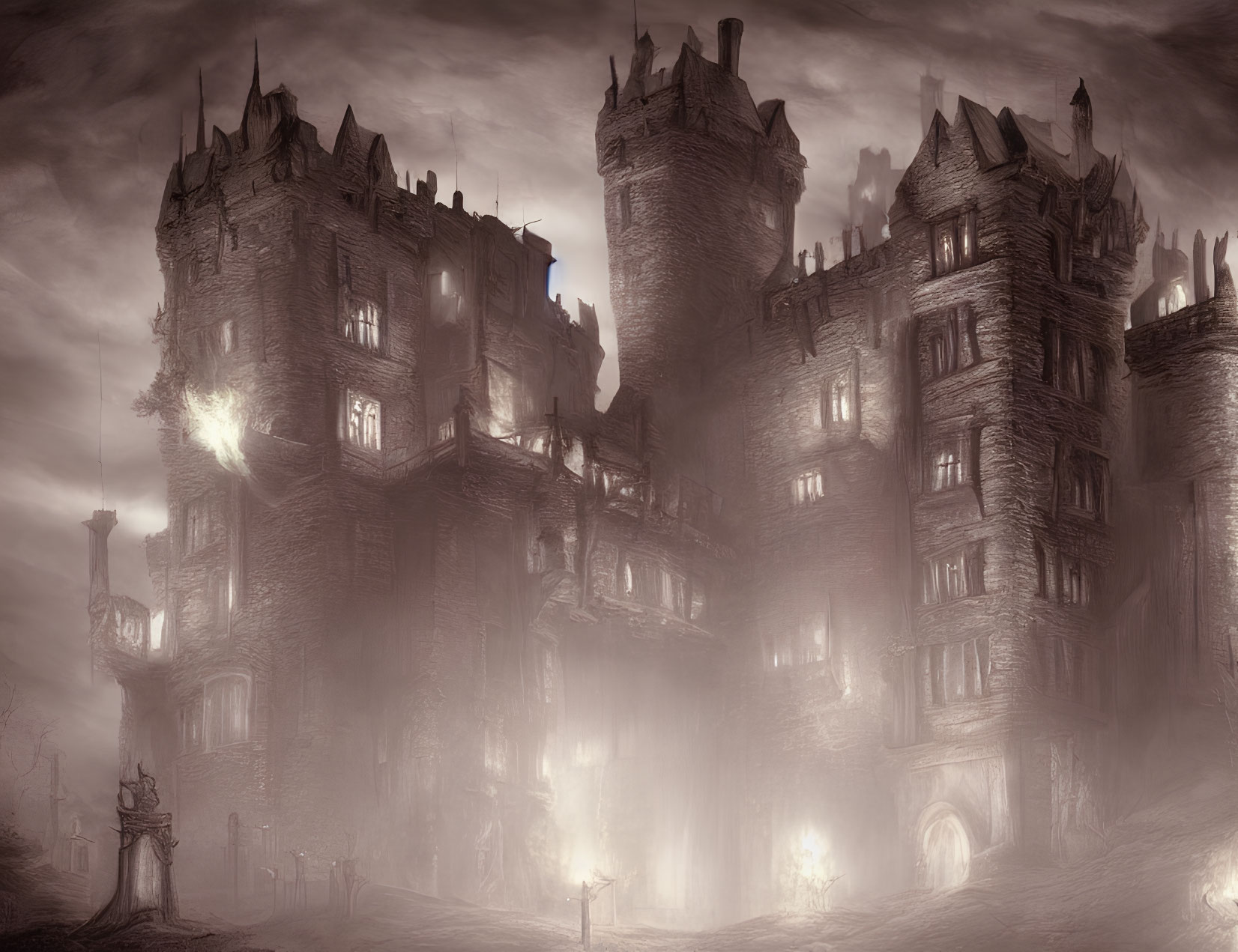 Gothic castle in mist with turrets and dim lights