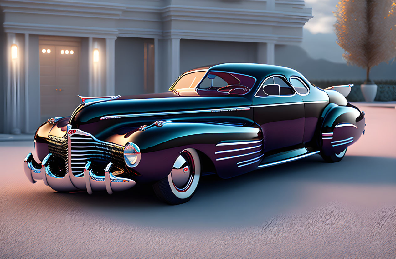 Classic Custom Car with Purple & Black Finish in Front of Elegant Building at Dusk