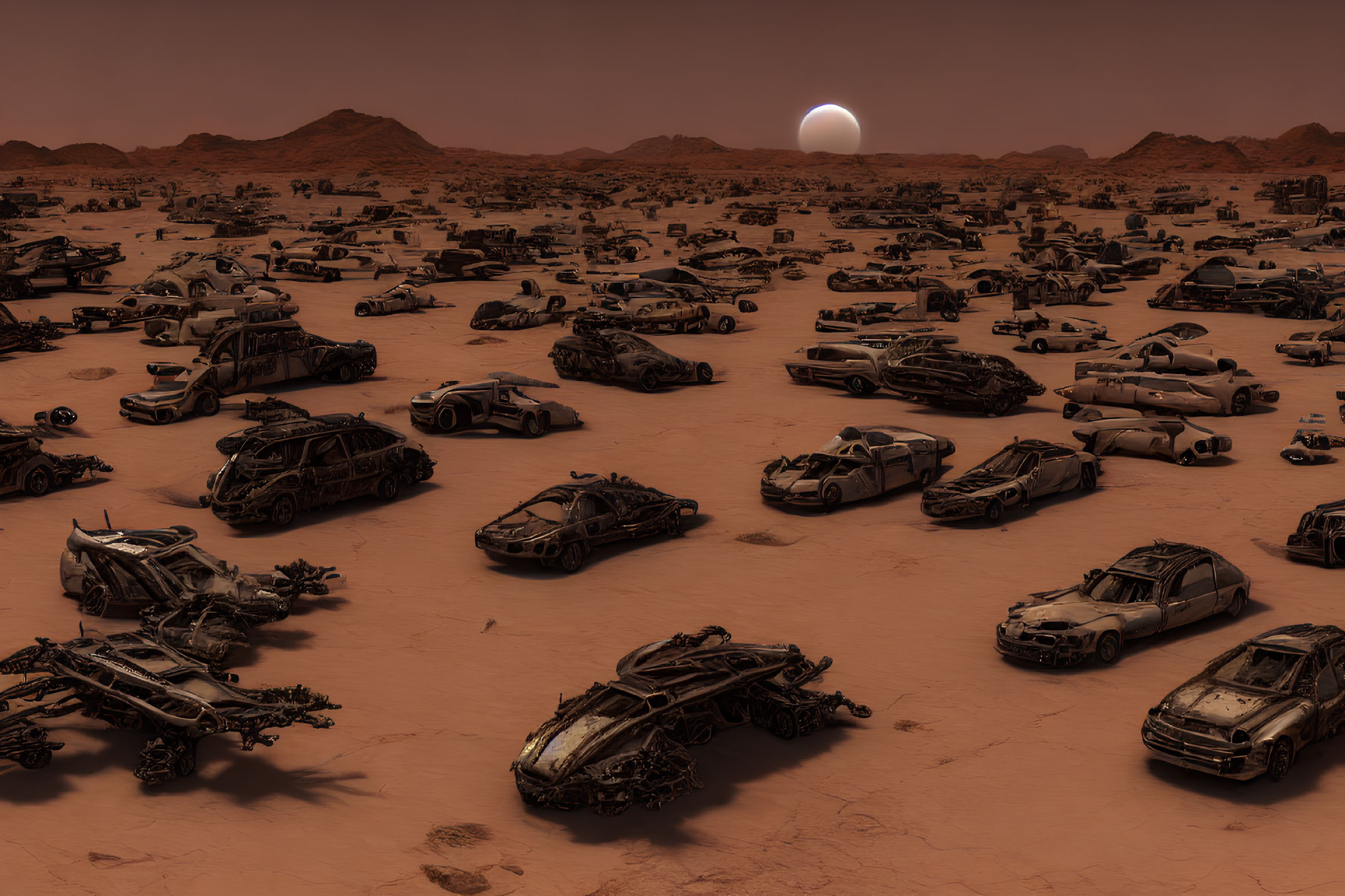 Abandoned cars in vast Martian landscape at sunset