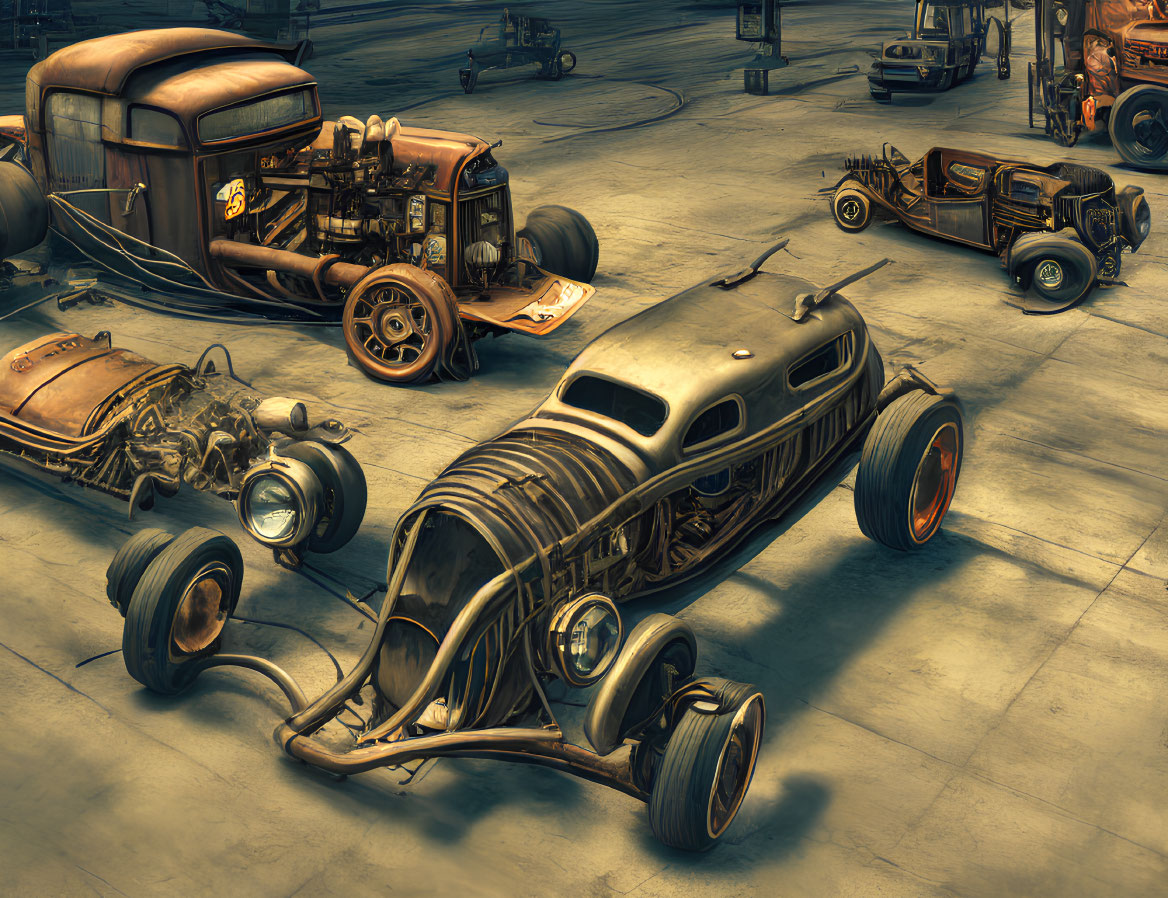 Classic Custom Cars Displayed in Retro Industrial Garage