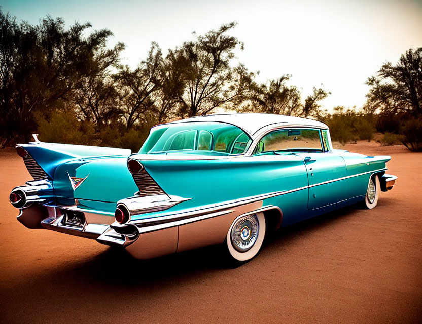 Vintage turquoise car with tail fins on desert road