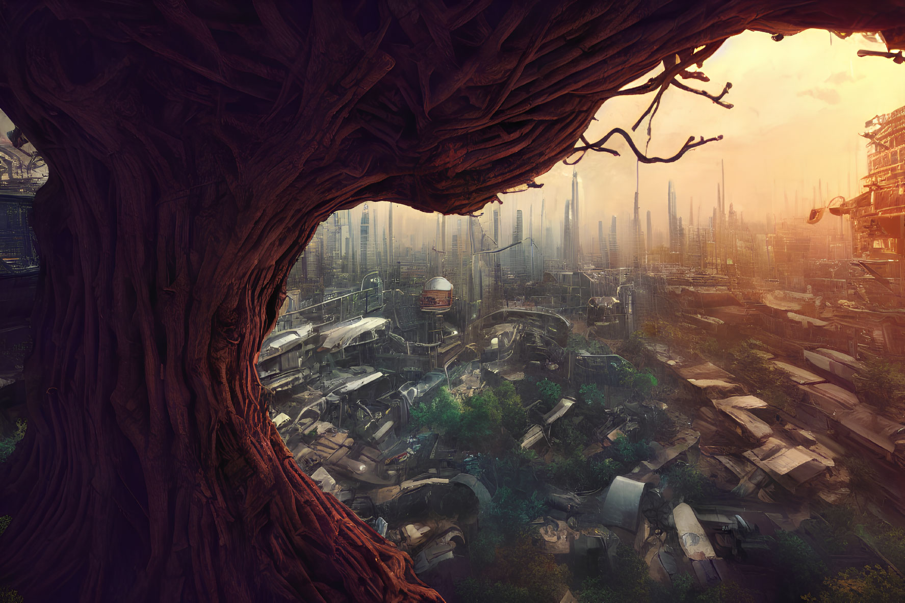 Futuristic cityscape contrasted with ancient tree in warm light