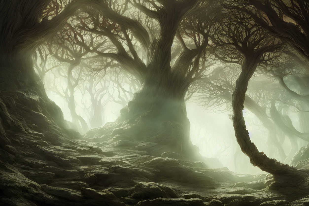 Misty forest with gnarled trees and intertwining branches