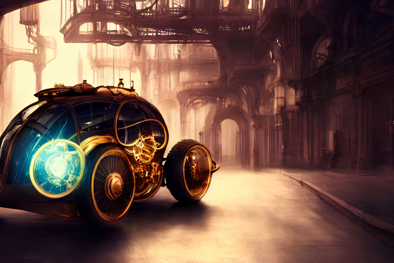 Steampunk-style vehicle with gold detailing in industrial cityscape