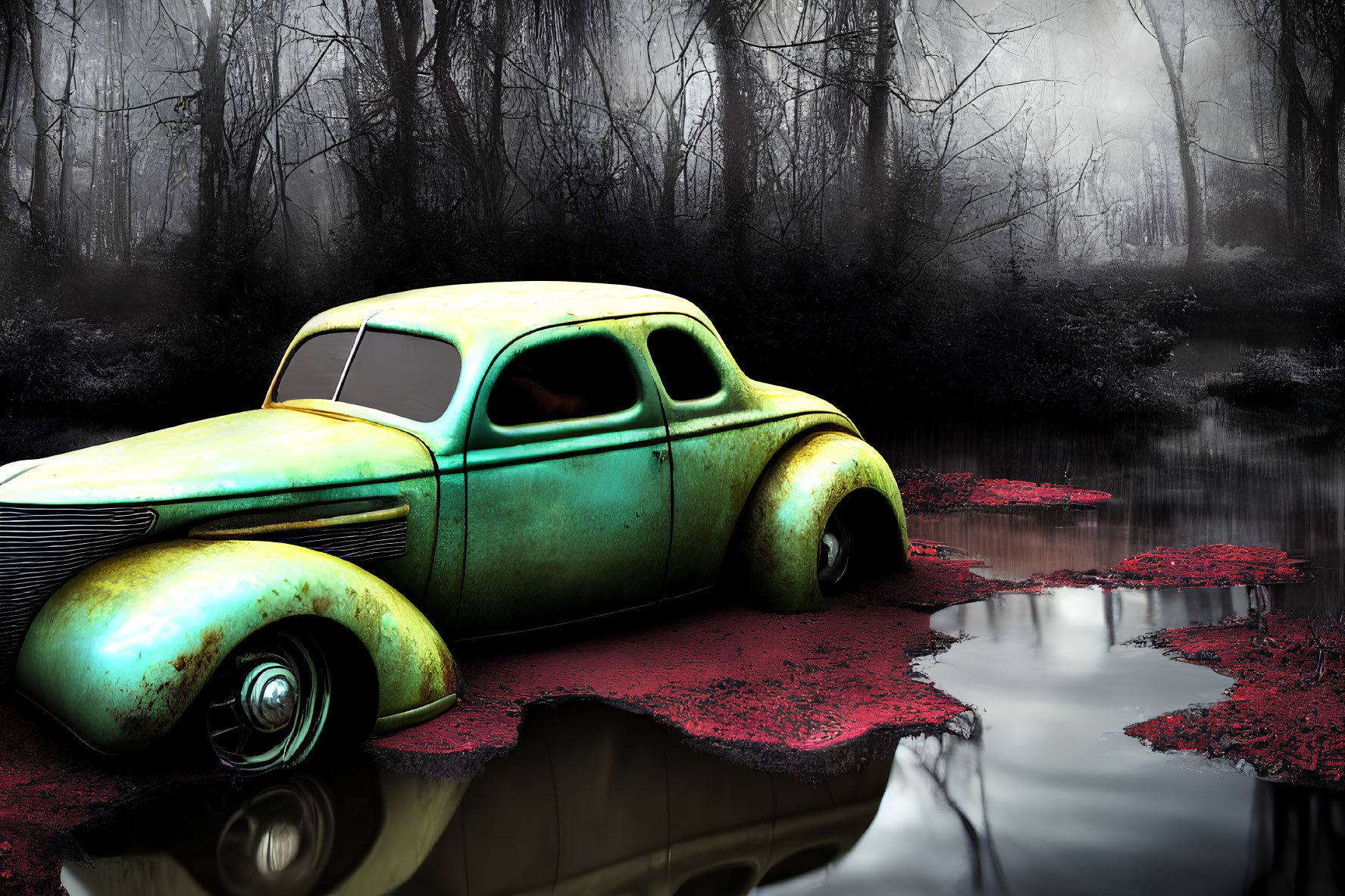 Abandoned vintage car in foggy forest with green paint, red foliage, and water puddle