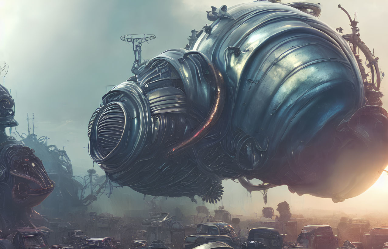 Sci-Fi Scene: Large Metallic Spherical Machines Over Desolate Landscape