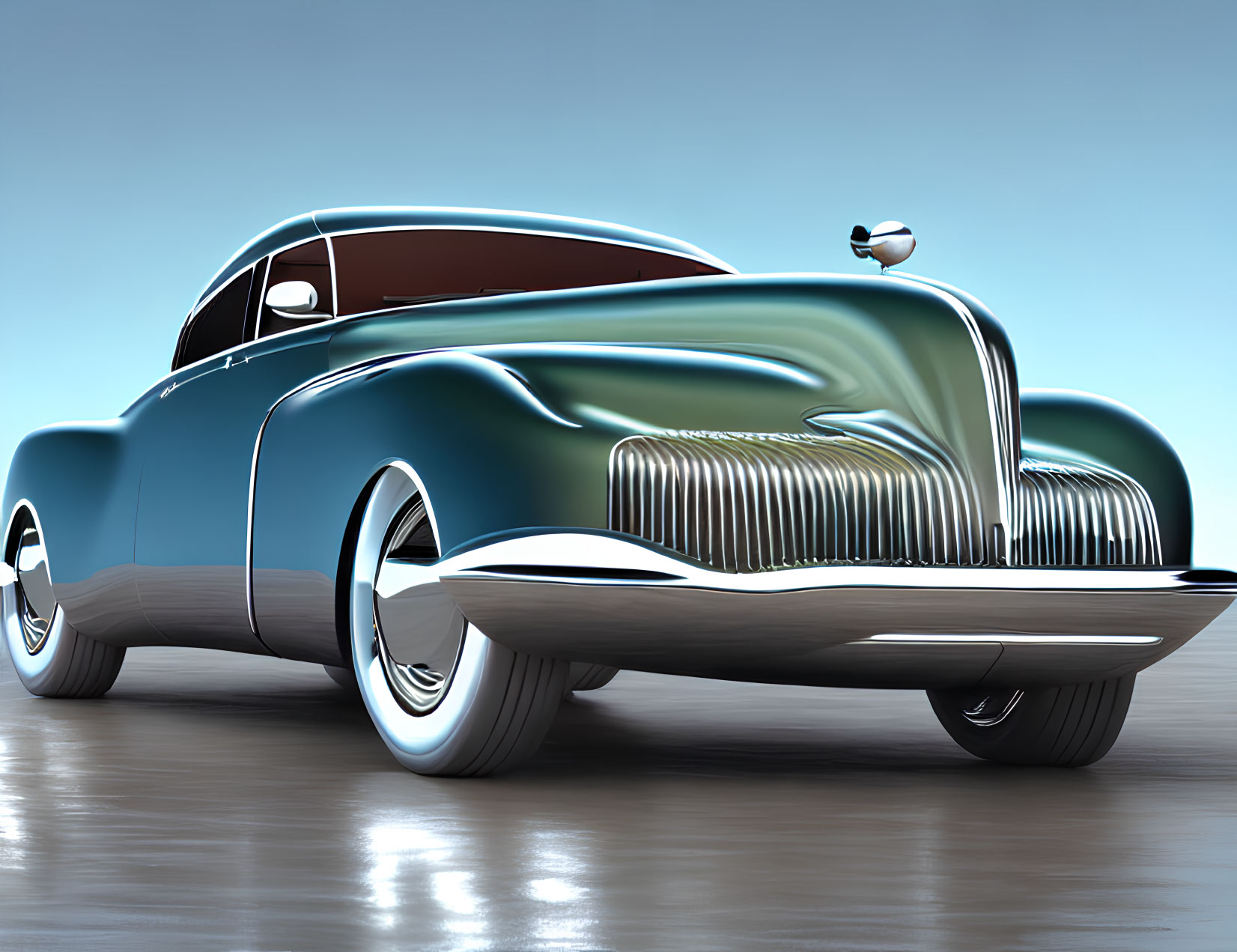 Vintage Car 3D Rendering: Teal Paint, White-Wall Tires, Prominent Gr