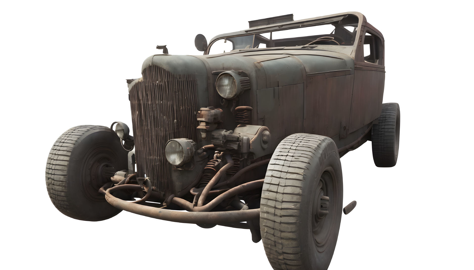 Rusty vintage car with large front wheels and exposed engine on white background