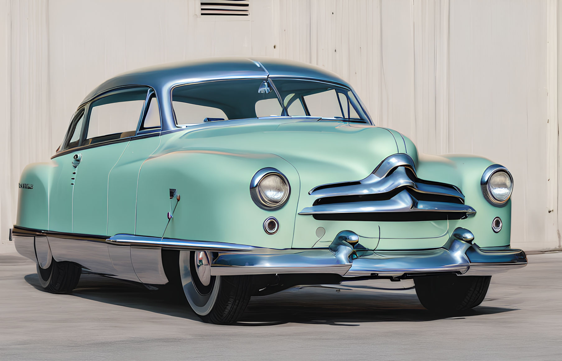 Classic Light Blue Car with Chrome Details and White-Wall Tires Parked by Beige Building