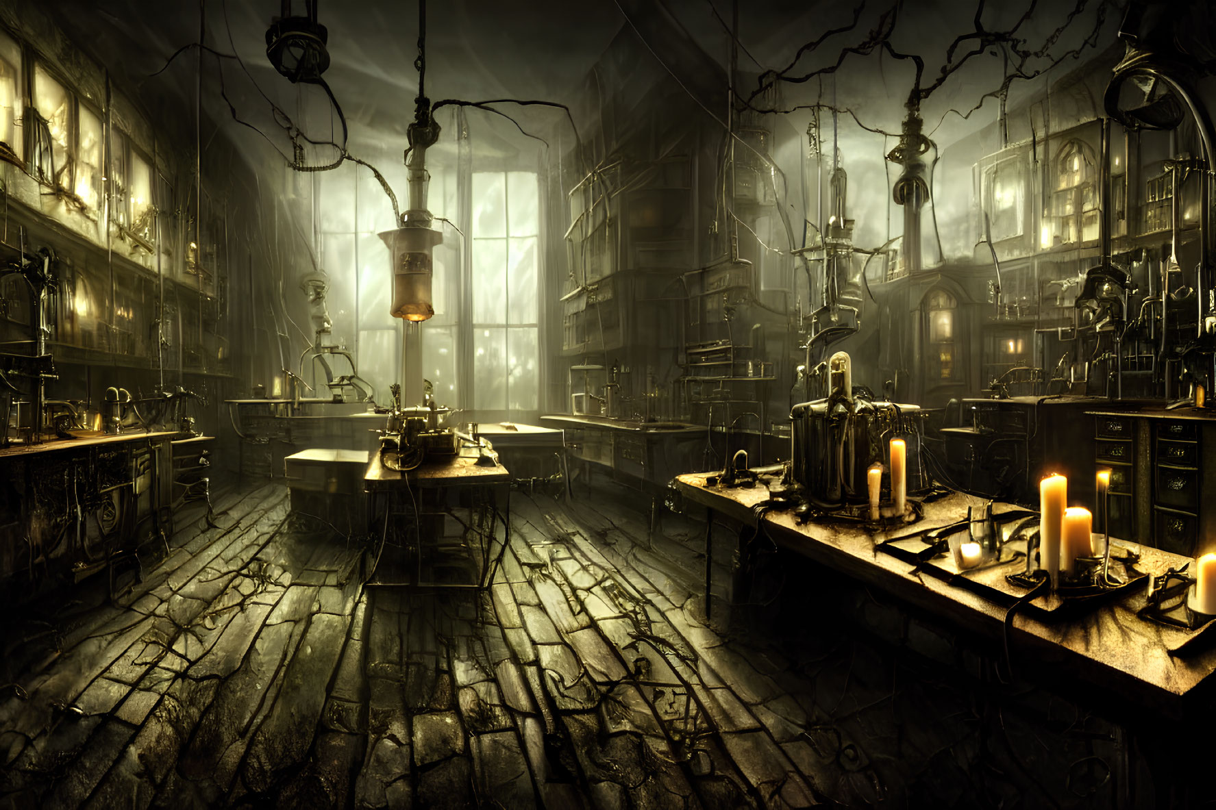 Vintage laboratory with scientific equipment, candles, lamps, and vines on stormy night