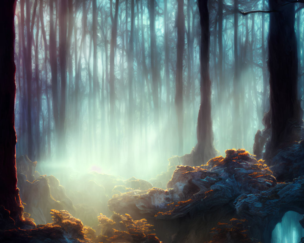 Ethereal forest scene with light beams, mist, tall trees, and moss-covered rocks