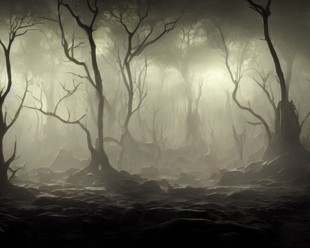 Misty forest with twisted trees and soft glow in foggy scene