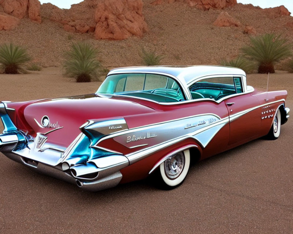 Classic Red and White Cadillac in Desert Setting