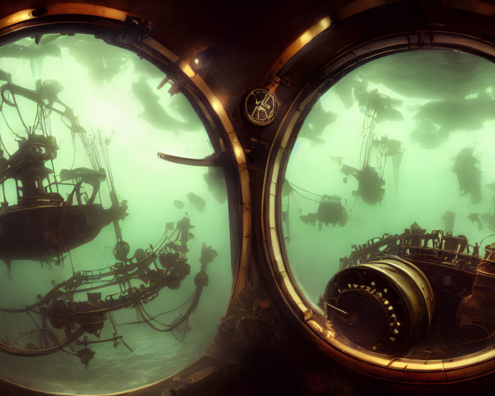 Steampunk underwater scene with submarines, sea creatures, and ruins in greenish hue