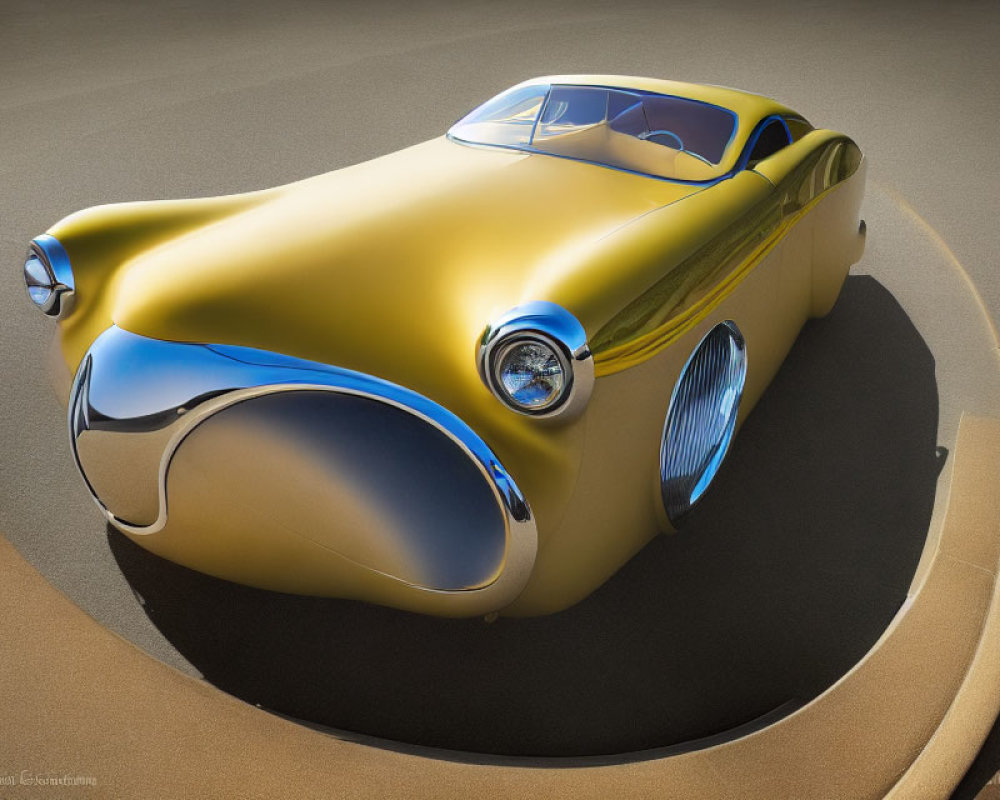 Golden futuristic concept car with bubble canopy on circular platform.