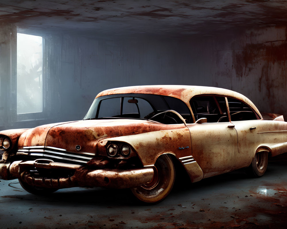 Vintage Car in Rusty Garage with Sunlight Streaming In