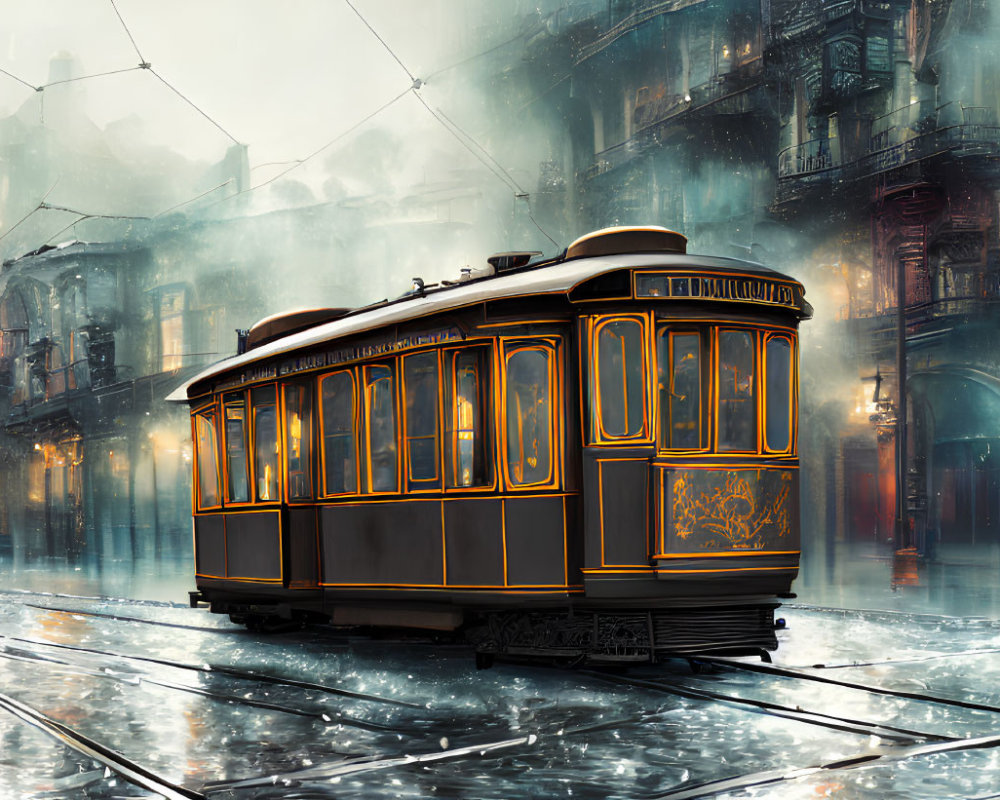 Vintage tram on misty cobblestone street at twilight