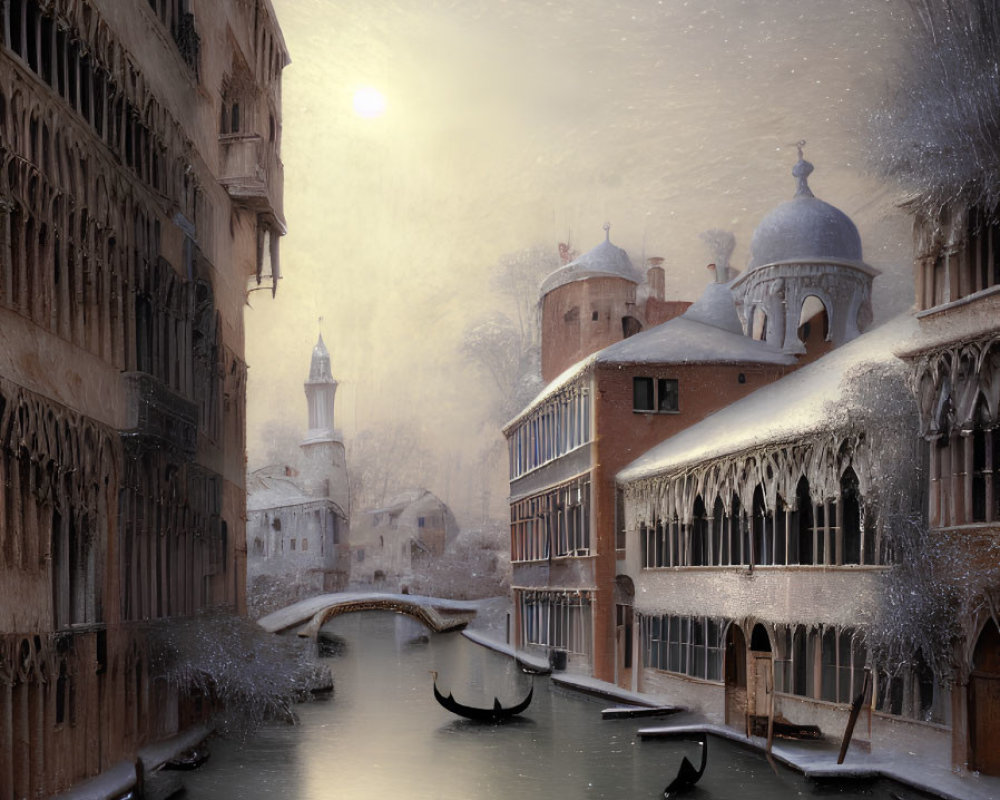 Winter Venice Canal: Gondolas, Snow-Covered Buildings, Soft Glow