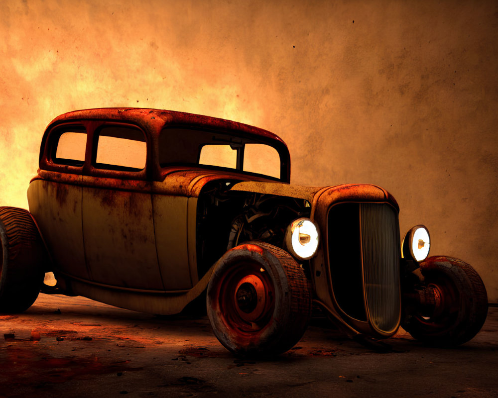 Vintage Car with Large Headlights in Rusty Setting Amid Flames and Smoke-Filled Sky